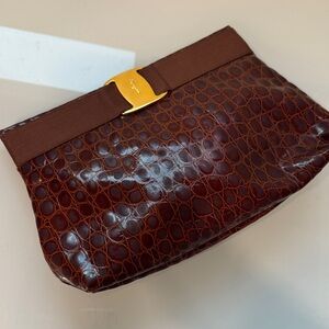 Salvatore Ferragamo VINTAGE Gancini Brown Croc Embossed Patent Leather